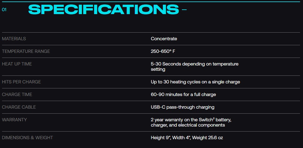Dr. Dabber Switch 2 Specifications